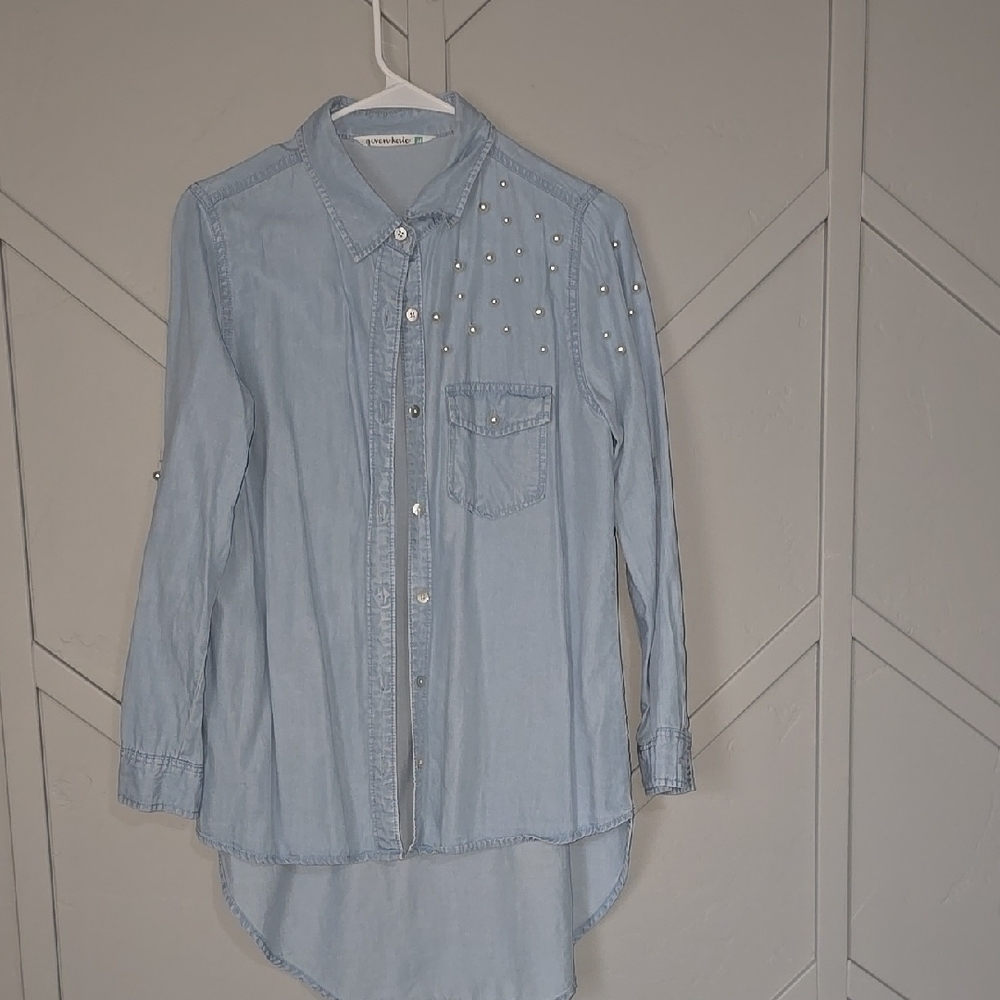 Light Blue Button-Up Shirt with Pearl Accents